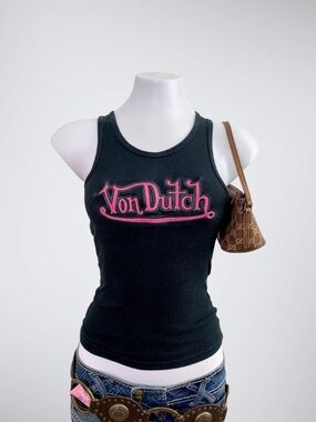 Authentic Vintage VON DUTCH Originals Black Ribbed Tank Top Pink Spellout Logo